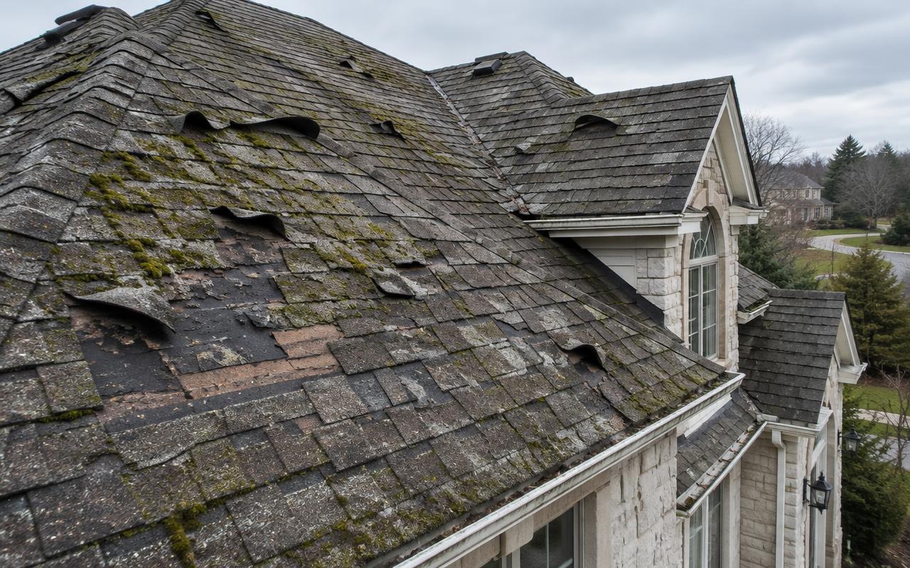 Roof before, storm damaged